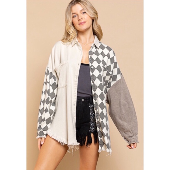 1 L POL Retro 90s Color Block Harlequin Print Denim Twill Shacket - Picture 5 of 14